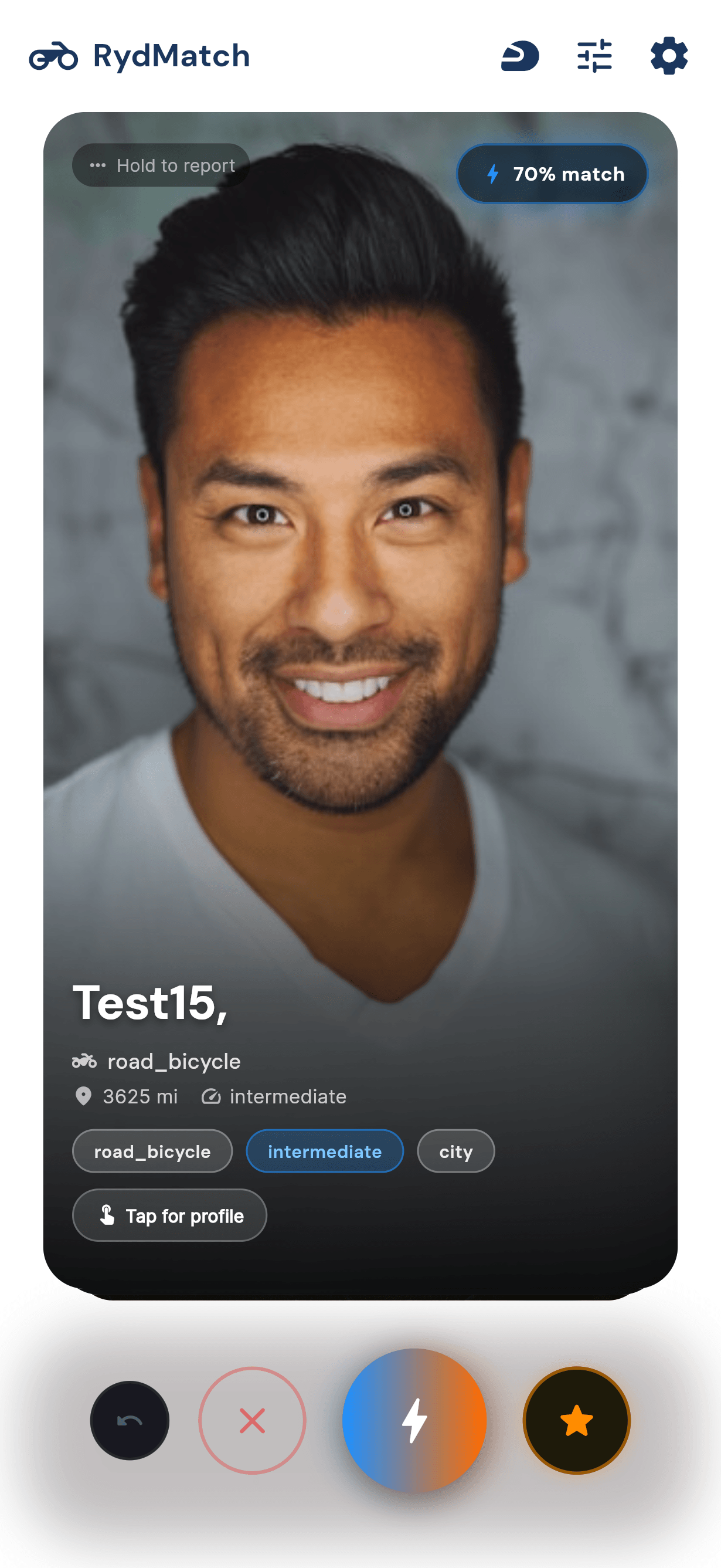 Smart Rider Matching screen showing Test15 profile with match percentage and swipe buttons