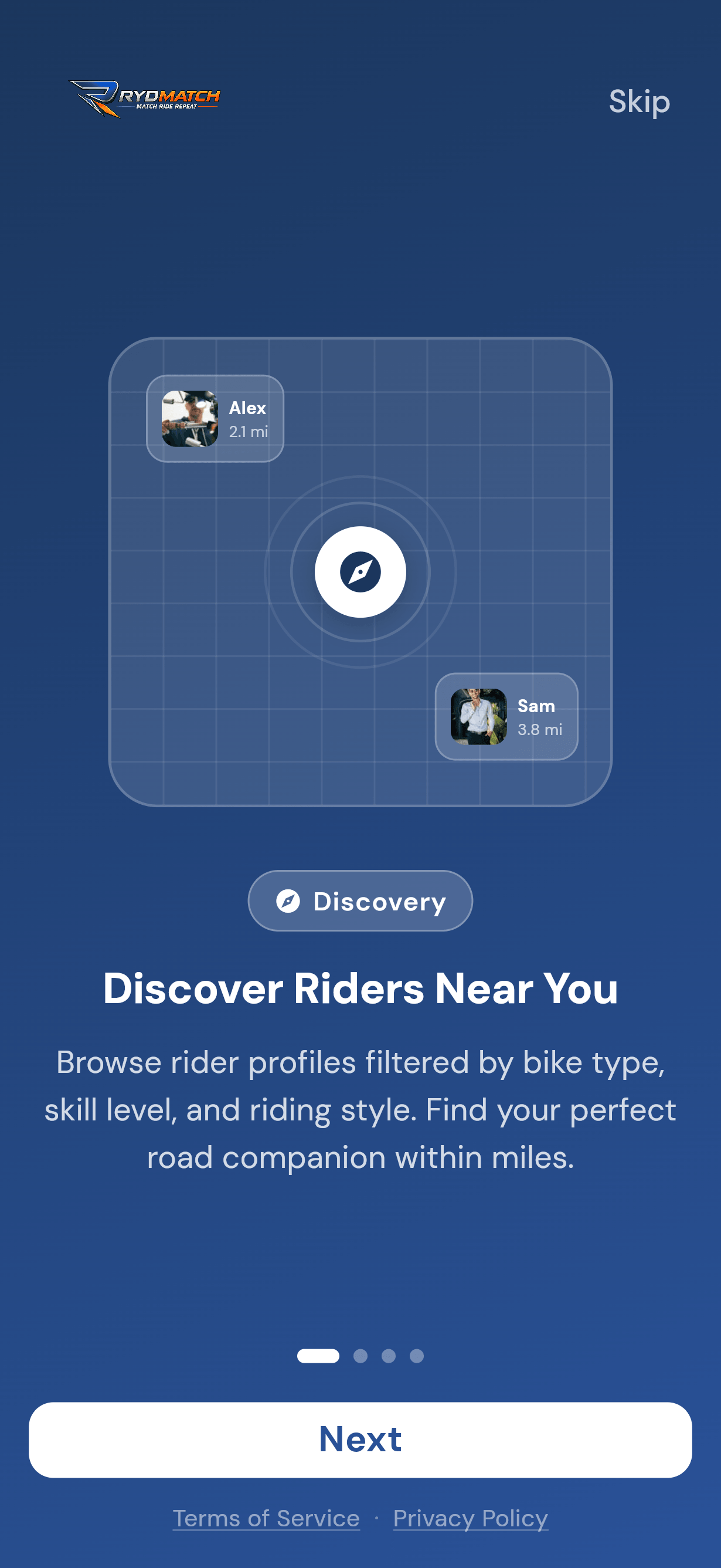 Discovery onboarding screen with radar compass and Discover Riders Near You heading